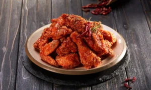 battered and fried korean chicken wings covered in spicy sauce